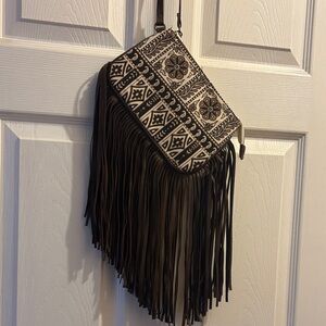 Bohemian Fringe Wristlet Bag - Black and Cream